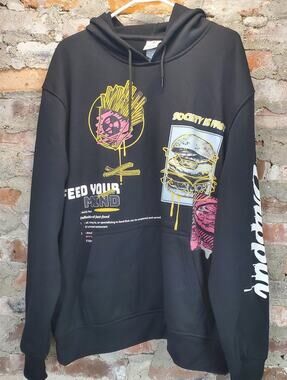 AK Mens Hoodie XL Black Graphic Print Fast Food Polyester Pullover Sweatshirt